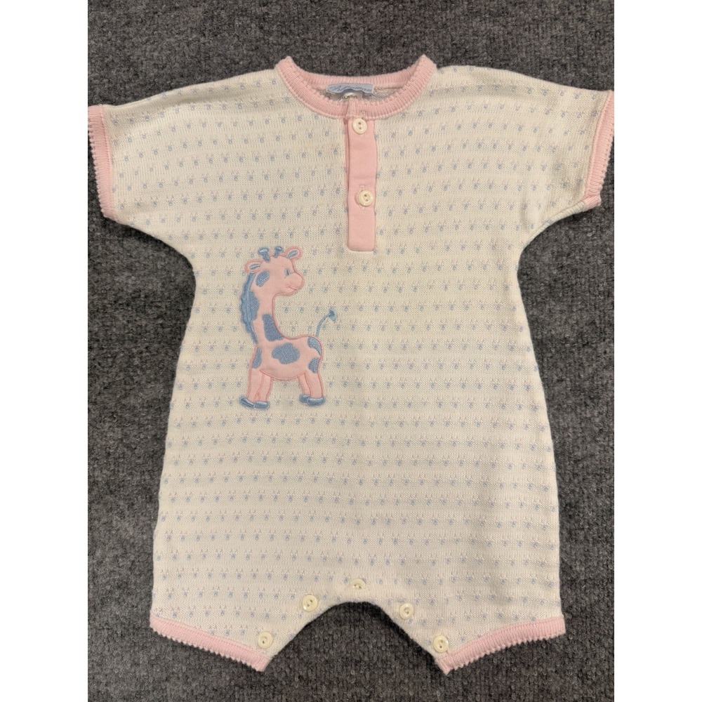 Vintage Premaman Knit Baby Romper - Pink Blue Giraffe Motif (6 Months)